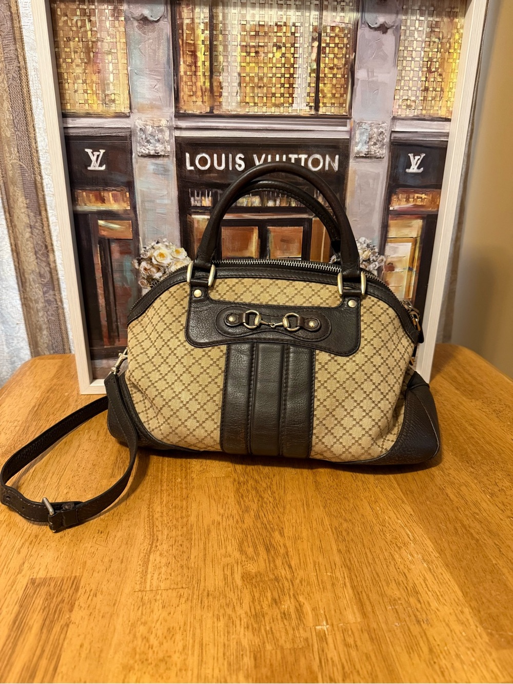 Gucci Beige and Dark Brown Monogram Shoulder Bag